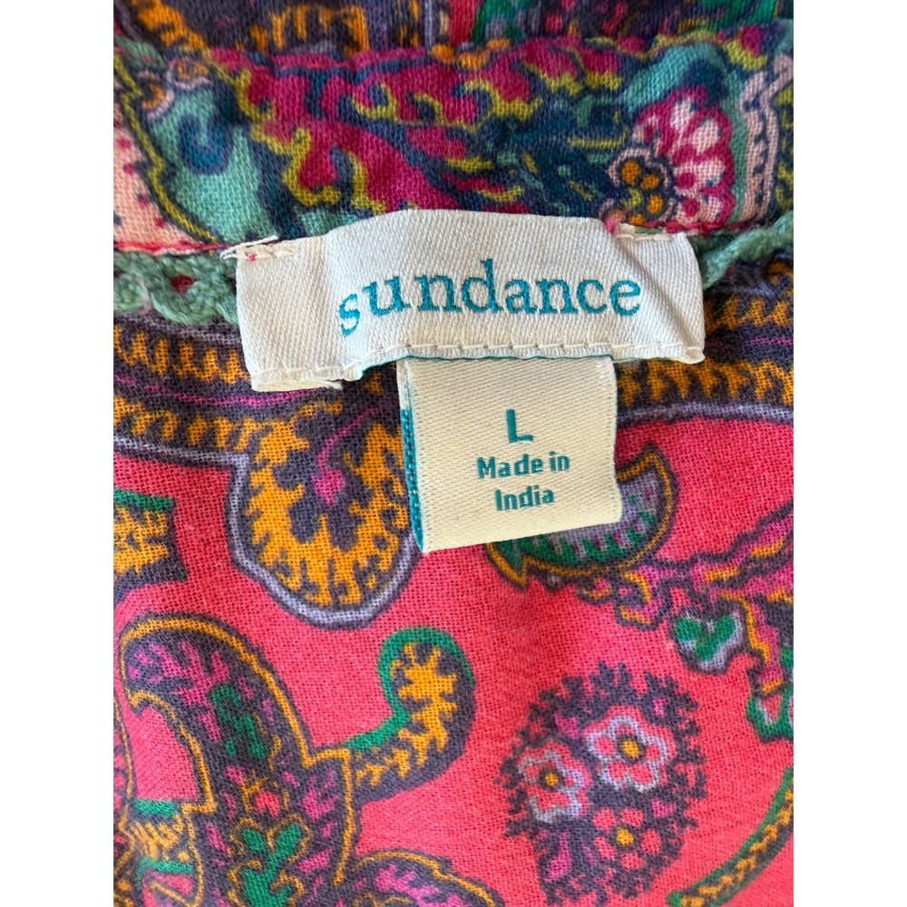 Sundance Paisley Button Down Shirt Womens L Pink Cotton Roll Tab Sleeve Boho - Picture 9 of 10